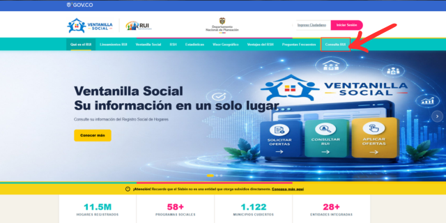Ubicación del botón Consulta RUI señalada con flecha en la Ventanilla Social del DNP